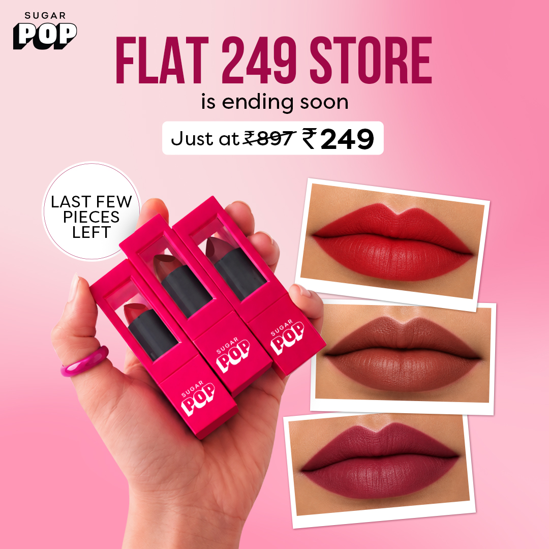 SUGAR Cosmetics Meta ad: three matte lipsticks at ₹249
