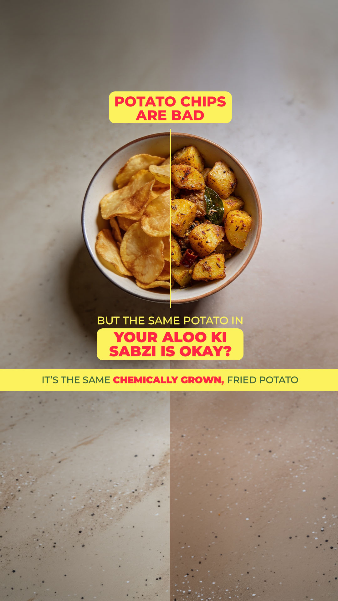 Bhoomi Farms Meta ad: you stopped buying chips for your kids, but the aloo in your sabzi came from the same chemically grown farm