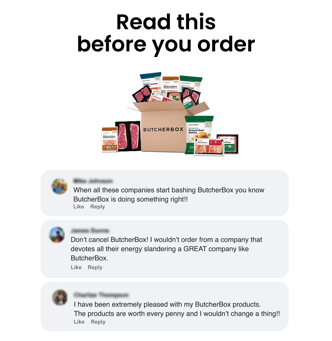 ButcherBox ad headed "Read this before you order" above three real customer comments