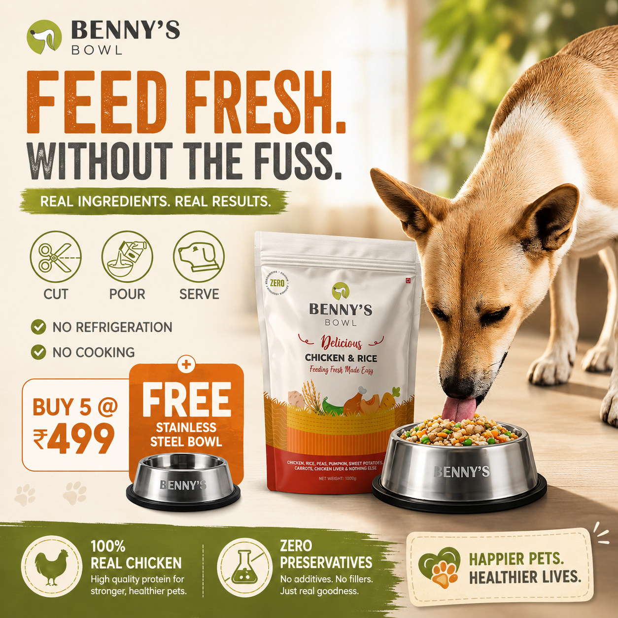 Benny's Bowl Meta ad: Feed fresh without the fuss — 100% real chicken, zero preservatives, no refrigeration, no cooking