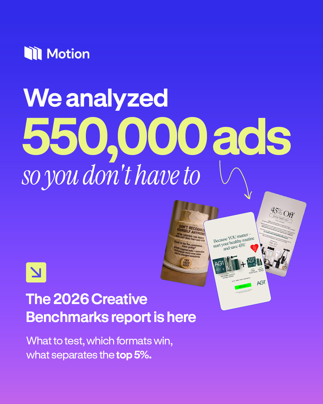 Motion ad reading "We analyzed 550,000 ads so you don't have to", live 7 days