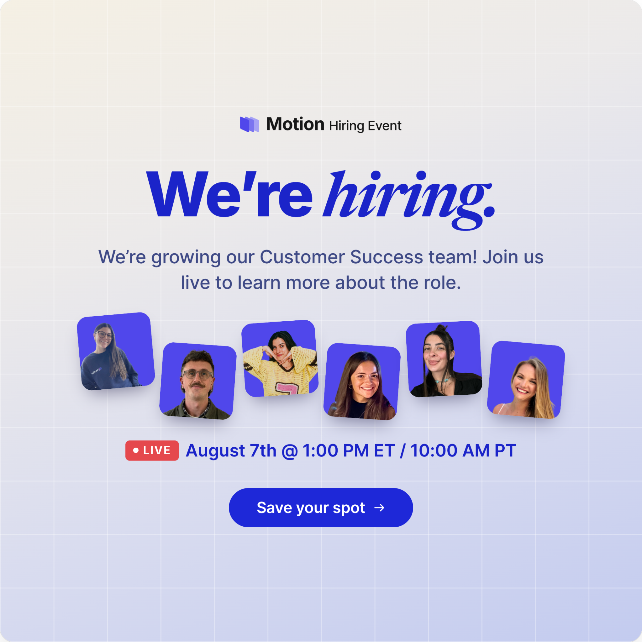 Motion Meta ad: "We're hiring" for the customer success team