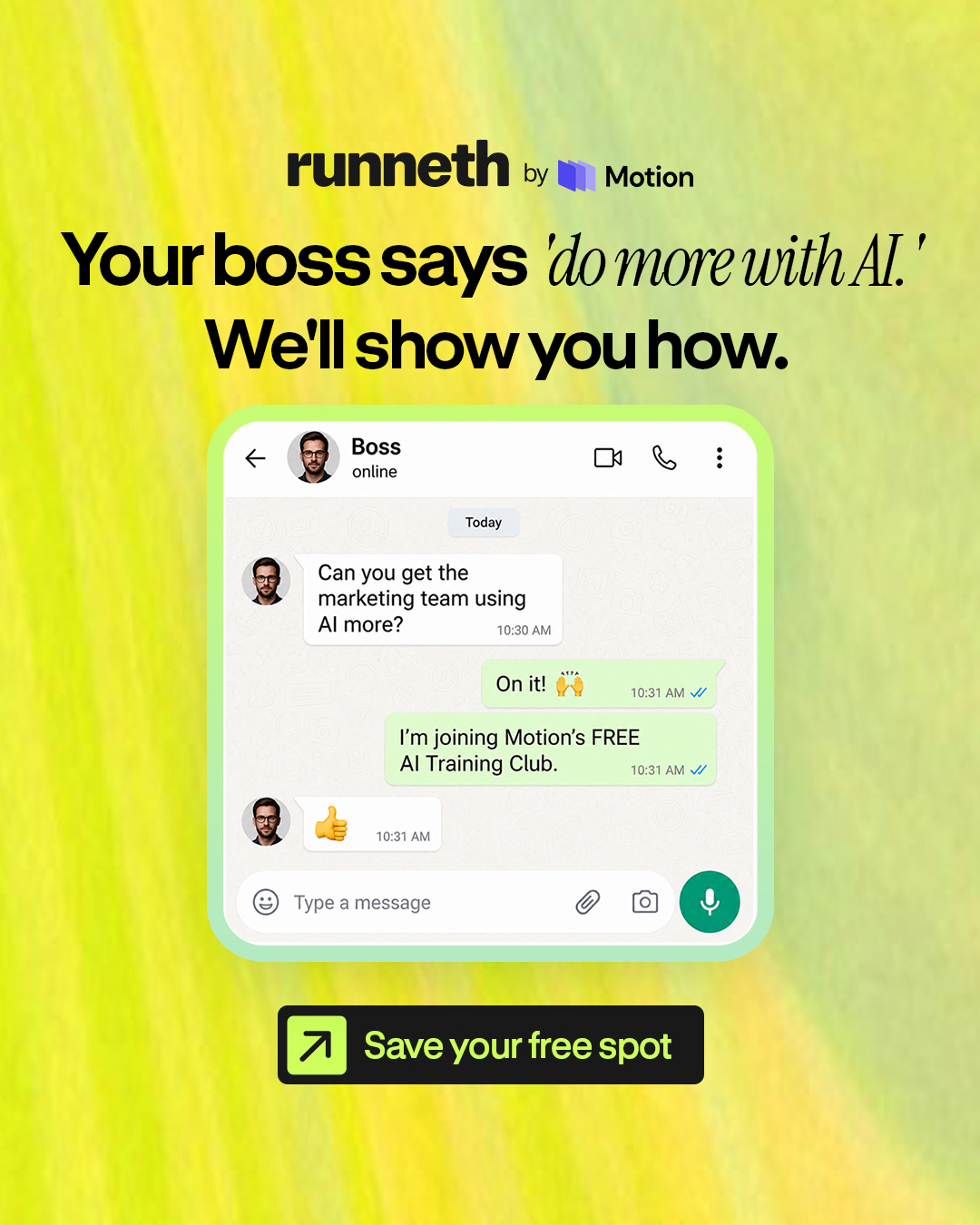 Motion Meta ad: "Your boss says do more with AI. We'll show you how" -- free AI training for marketers