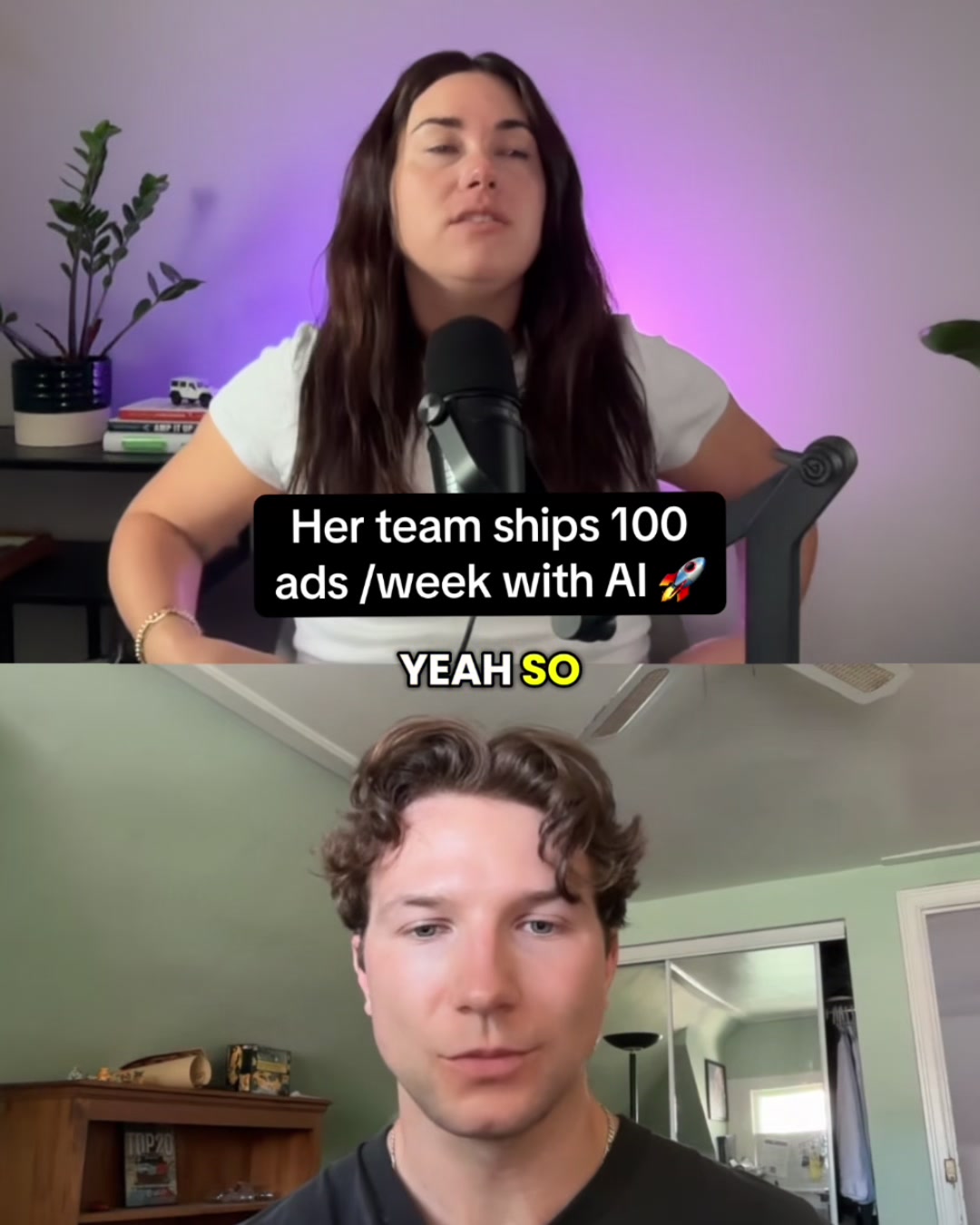 Motion Meta ad: "Her team ships 100 ads a week with AI", from a podcast-style clip