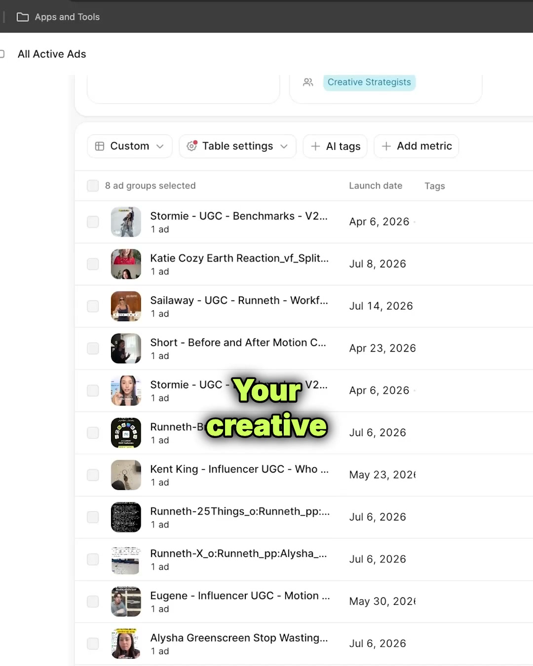 Motion Meta ad: an ad-grouping interface with the line "your creative edge is hiding in the data you already have"