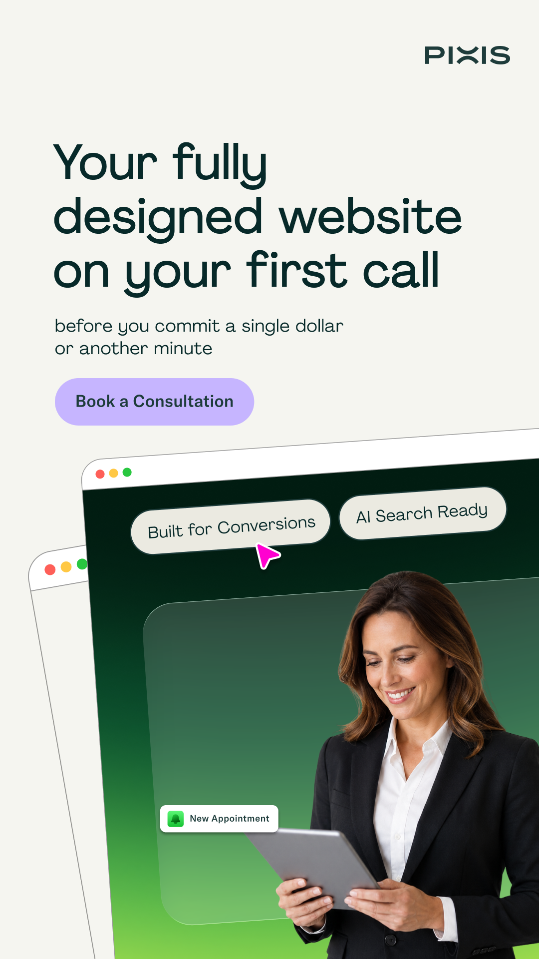 Pixis Meta ad: "Your fully designed website on your first call" -- live in days, not months