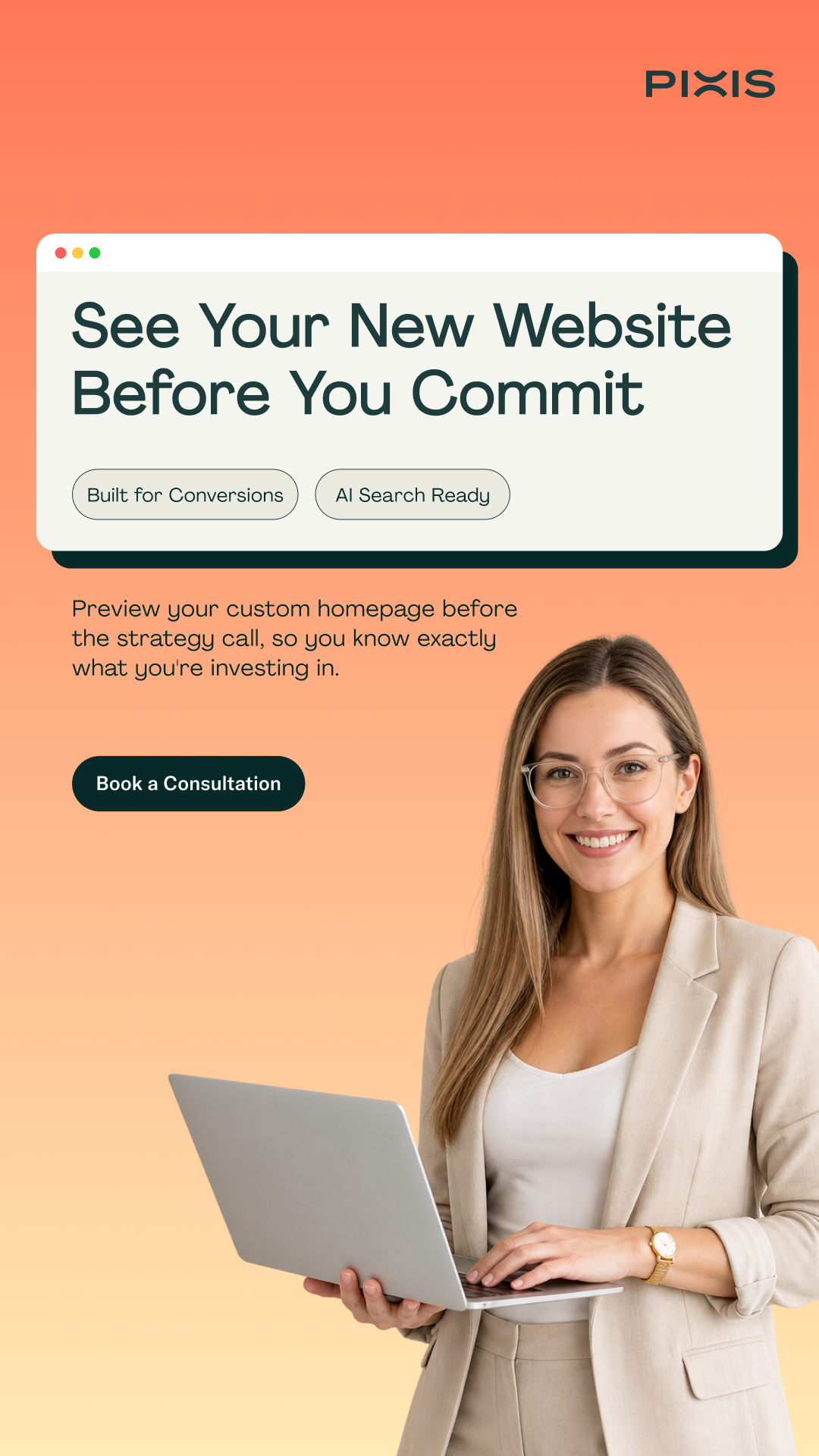 Pixis Meta ad: "See your new website before you commit" -- a designed site live in days, not months