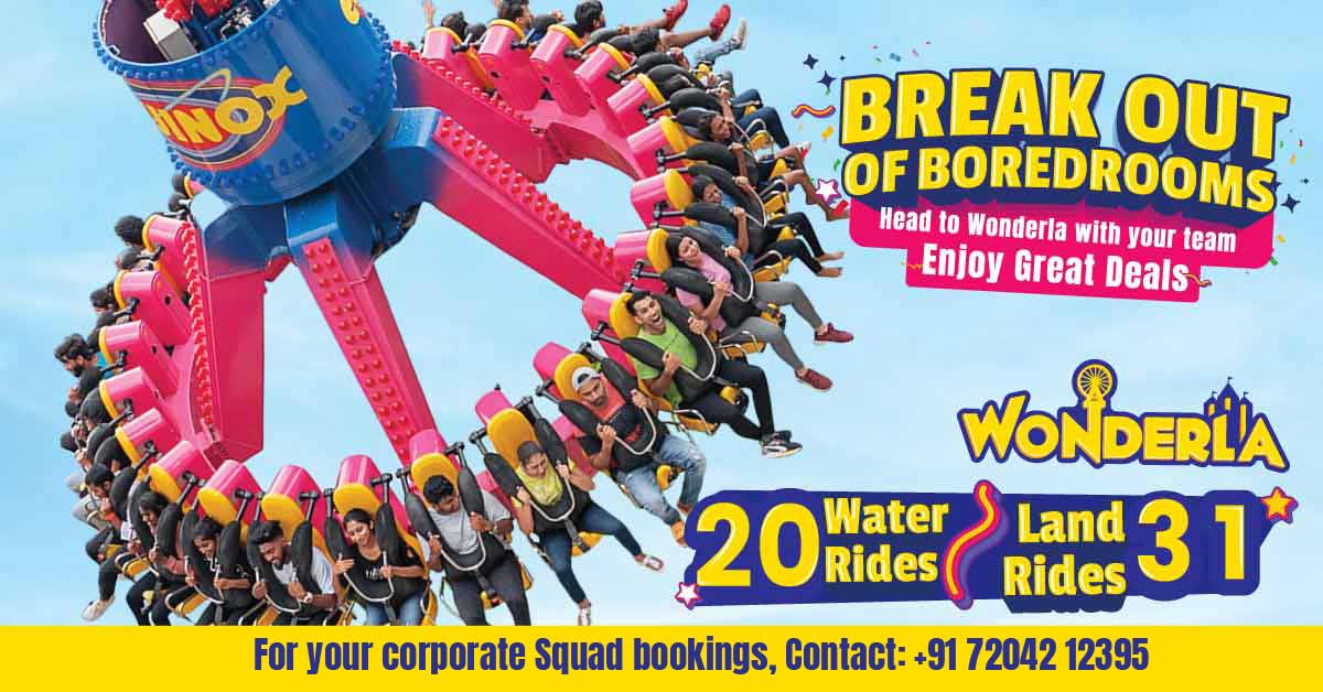 Wonderla corporate Meta ad: "Break out of boredrooms" with a ride, 20 water rides and 31 land rides