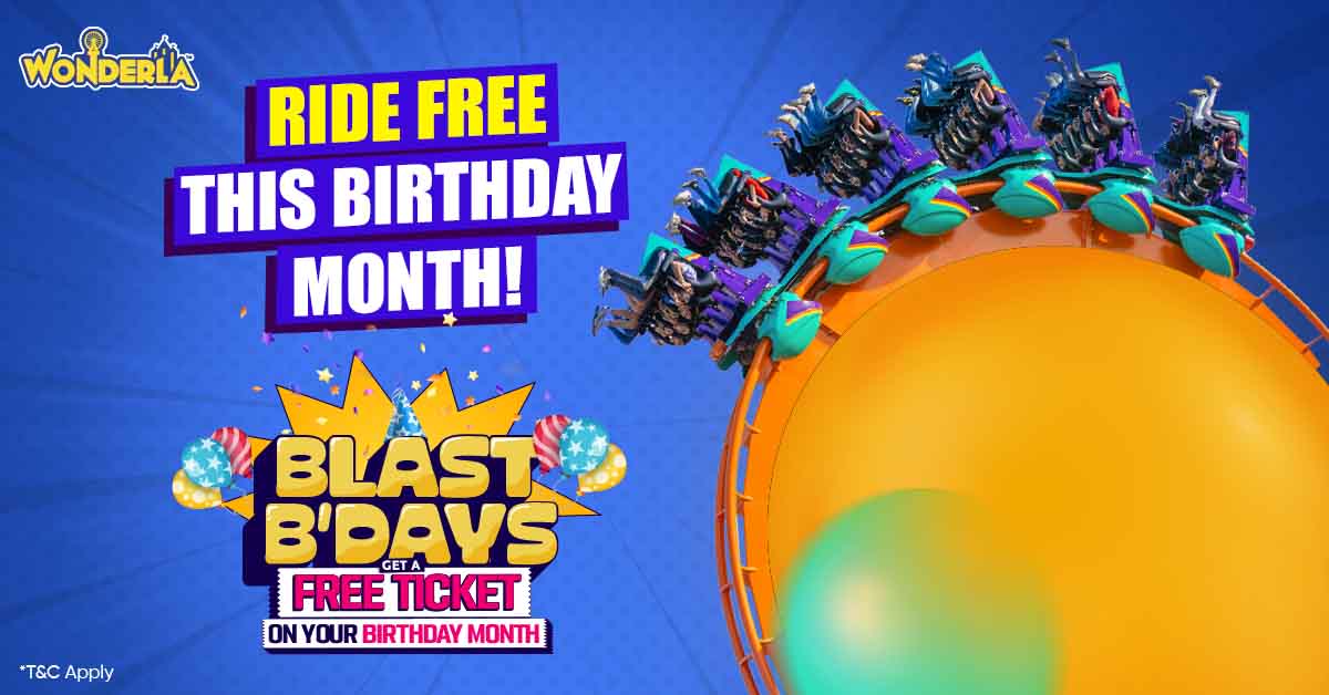 Wonderla image ad: "Ride free this birthday month!" over a roller coaster