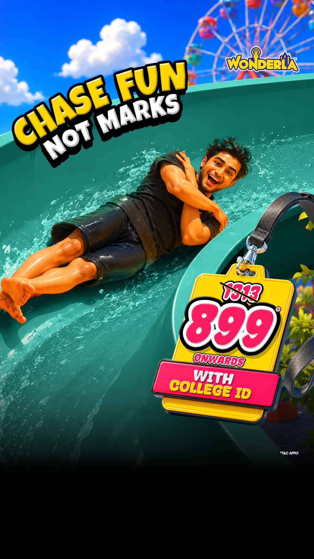 Wonderla Meta ad: "Chase fun not marks", all rides INR 899 with a student ID