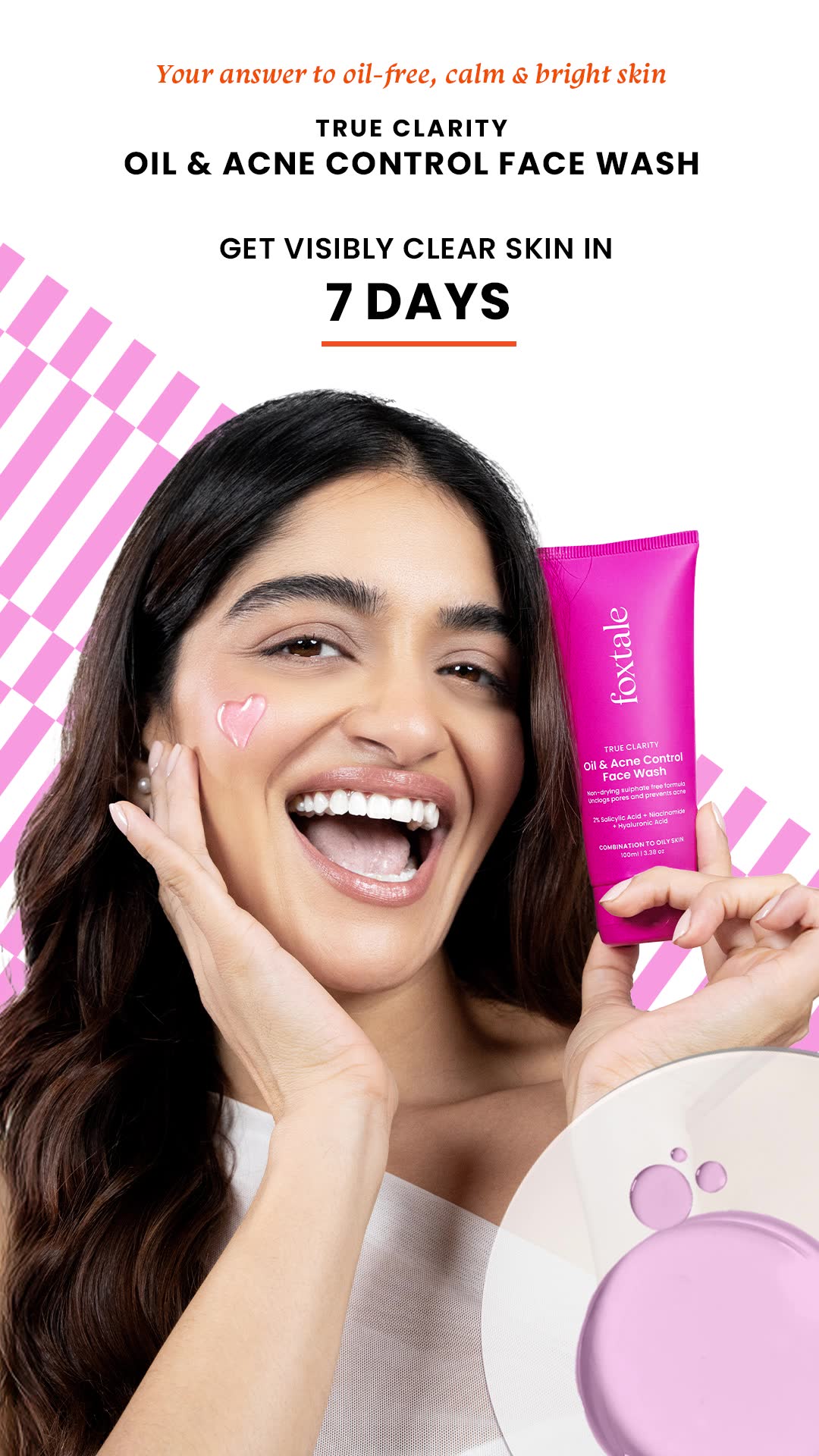 Foxtale video ad frame reading "get visibly clear skin in 7 days", ran 120 days