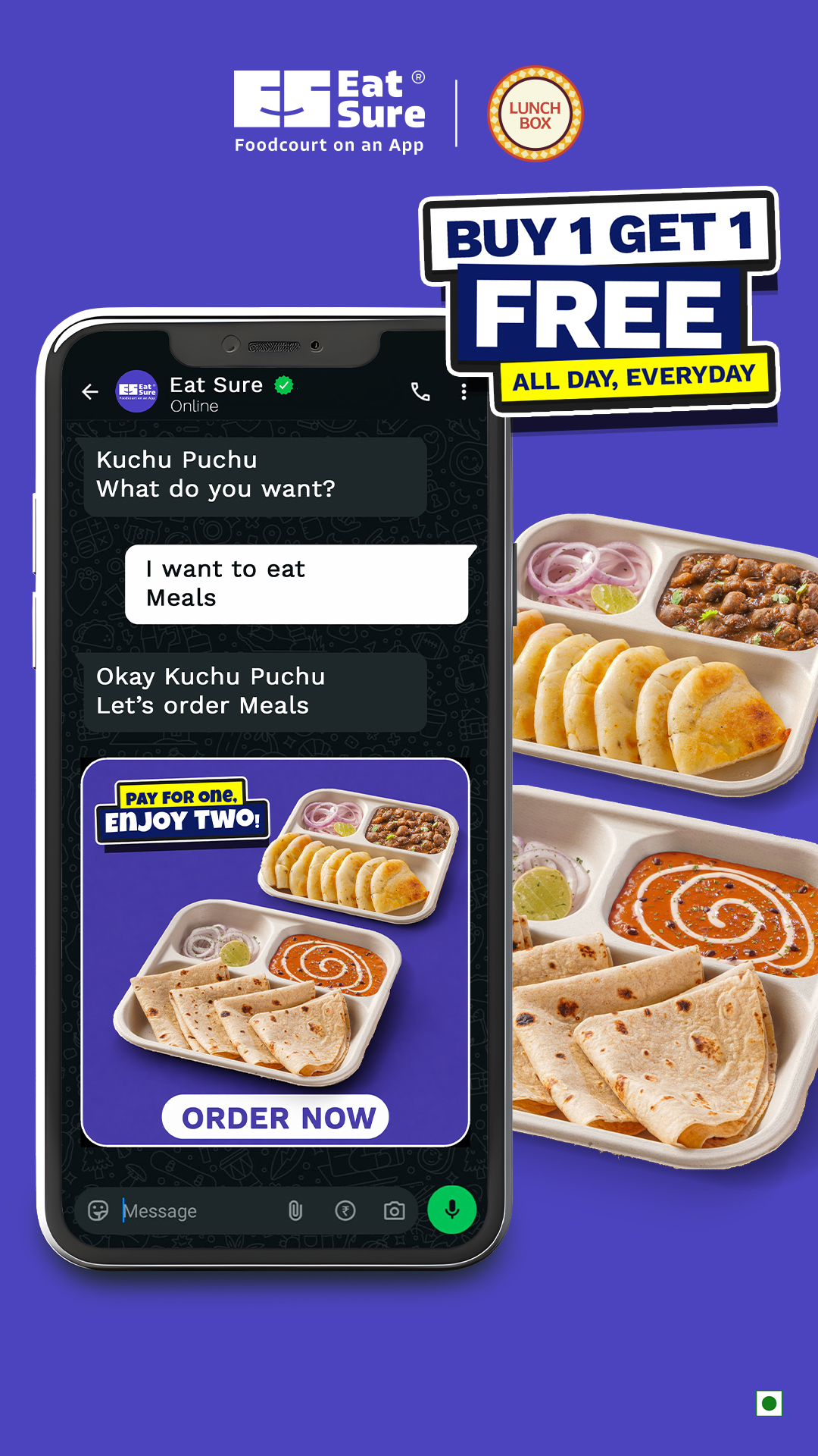 EatSure Meta ad: a bold "Buy 1 get 1 free" banner, order on EatSure now