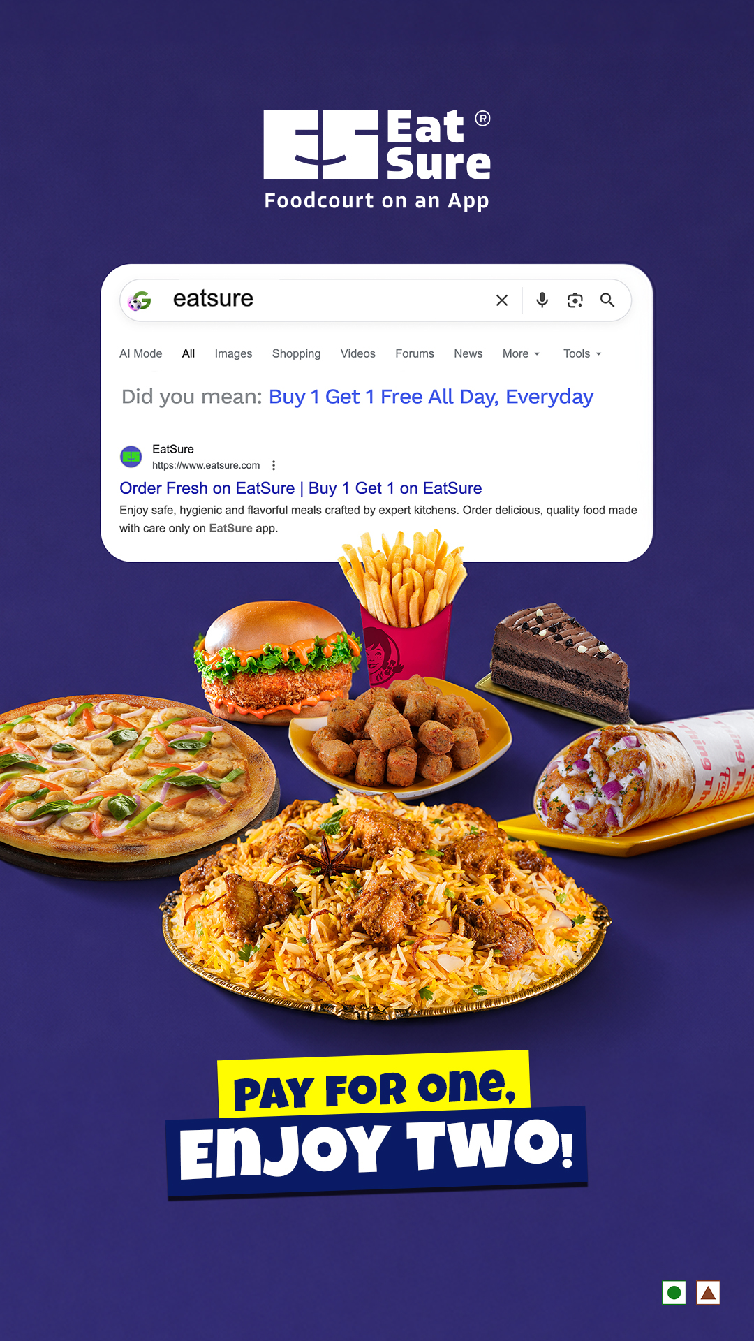 EatSure Meta ad: "Did you mean: buy 1 get 1 free all day, everyday" -- double the food, same price