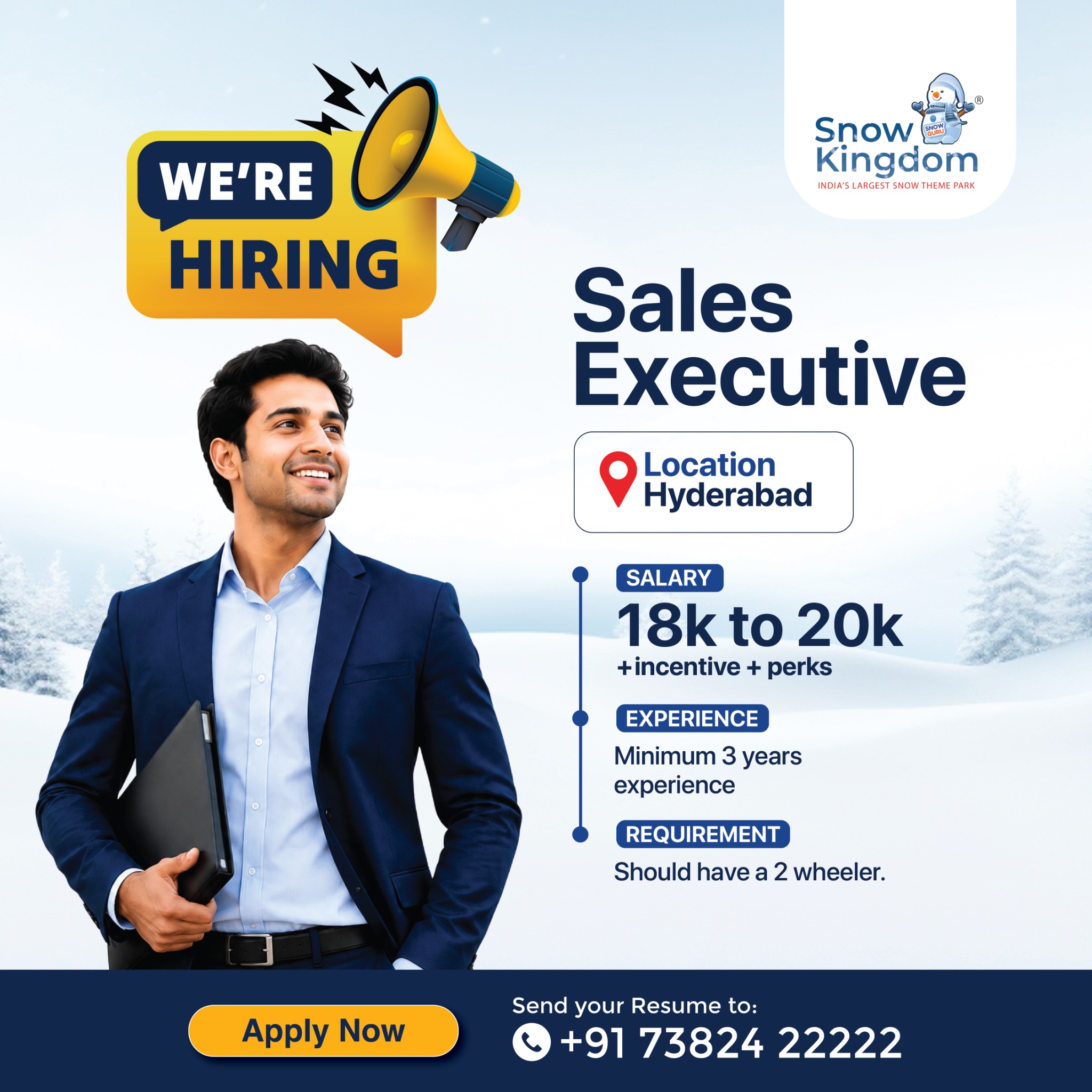 Snow Kingdom Meta ad: "We're hiring, Sales Executive, Hyderabad, 18k to 20k"