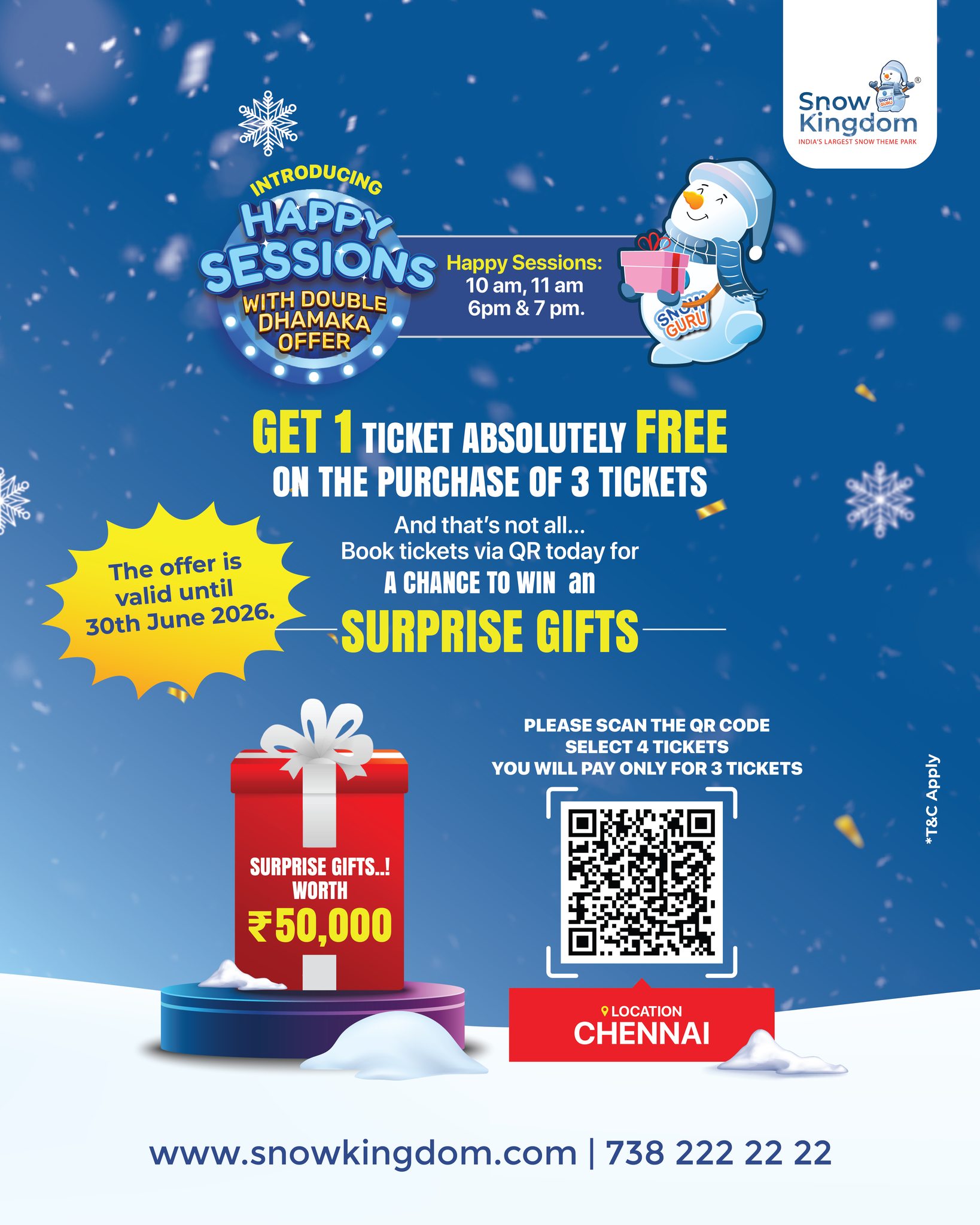 Snow Kingdom offer static ad: "Get 1 ticket absolutely free on the purchase of 3 tickets" with a QR code and mascot