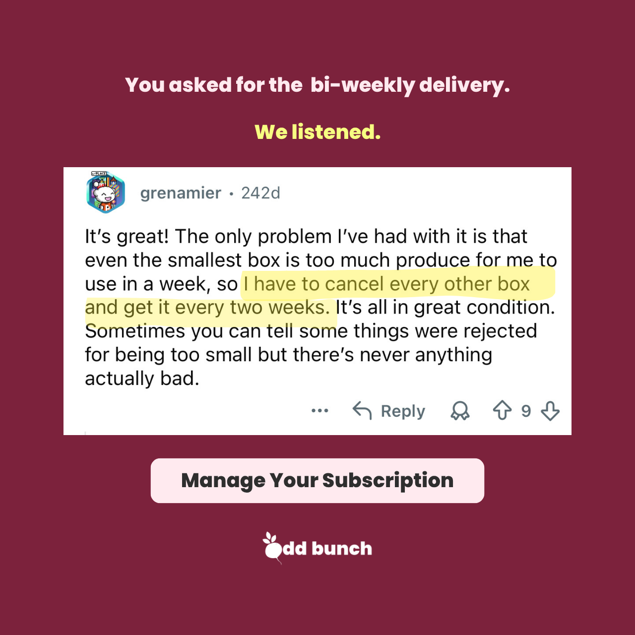 Odd Bunch ad reading "You asked for the bi-weekly delivery. We listened." above a screenshotted customer comment