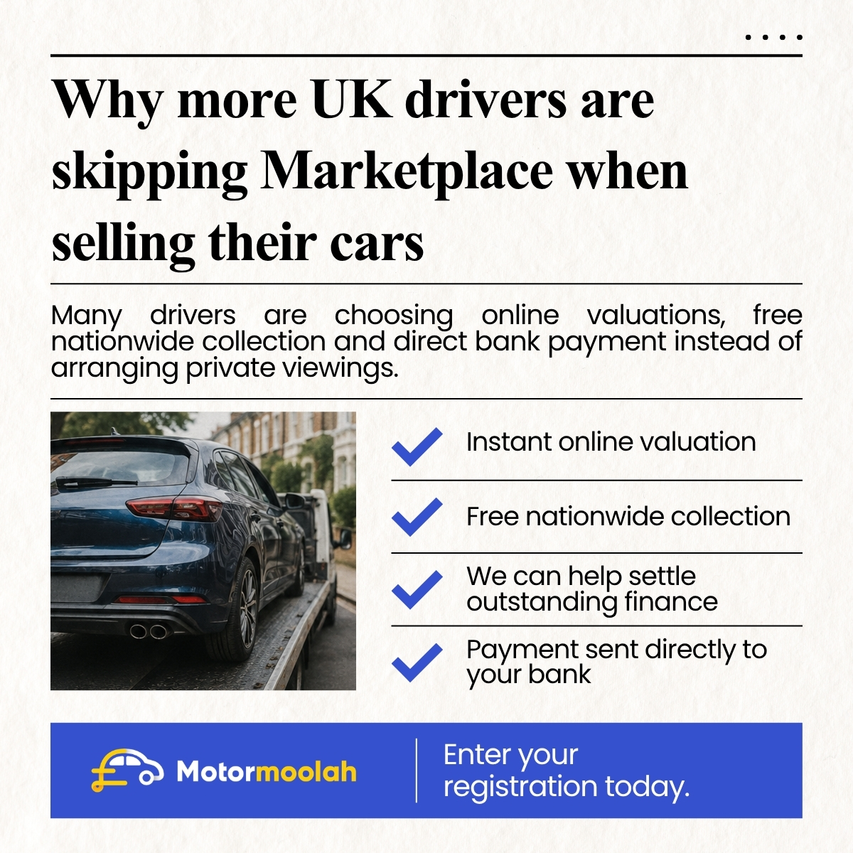 MotorMoolah lead ad asking why UK drivers are skipping Marketplace when selling their cars