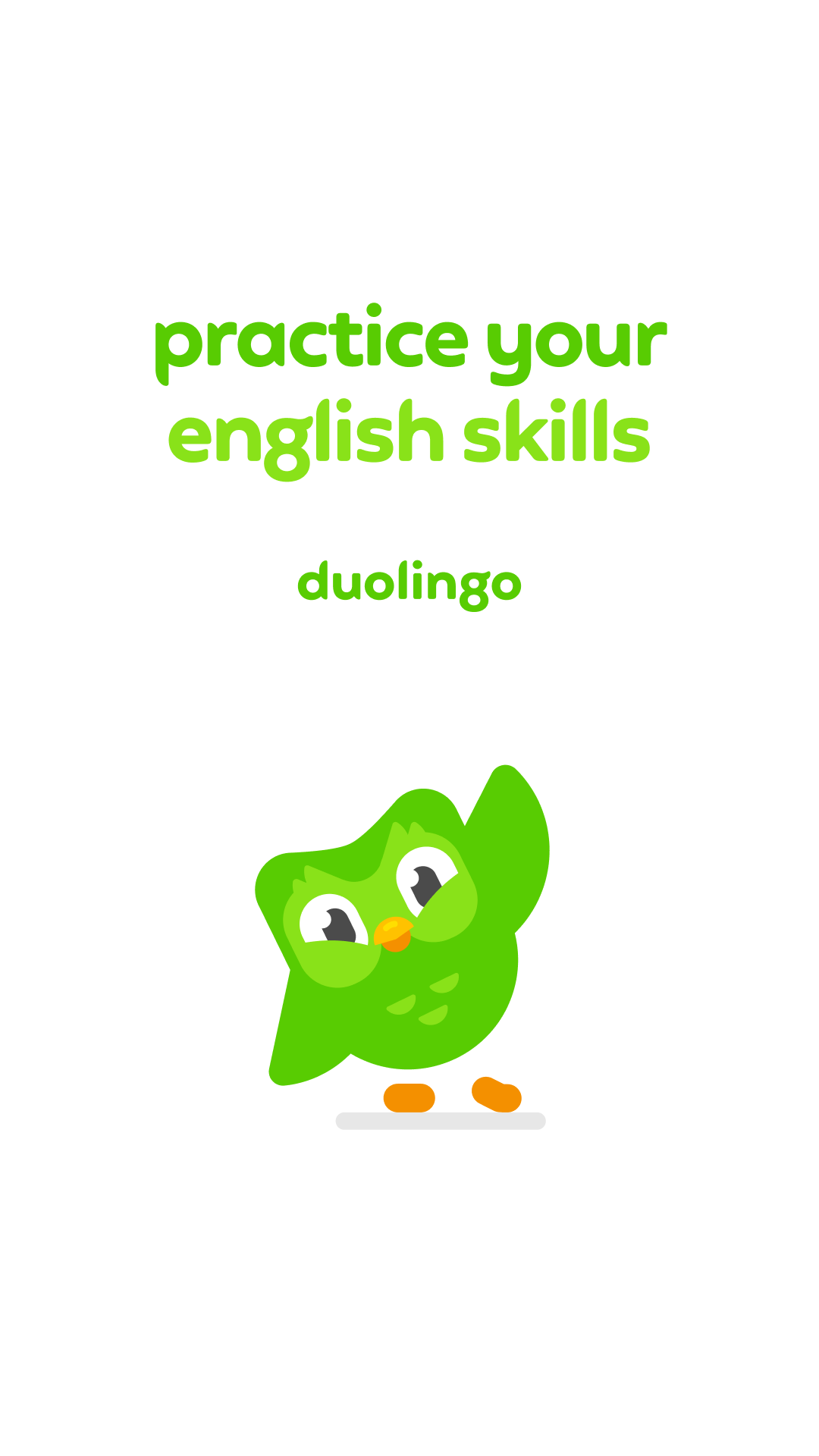 Duolingo image ad: "practice your english skills" with the Duo owl on white