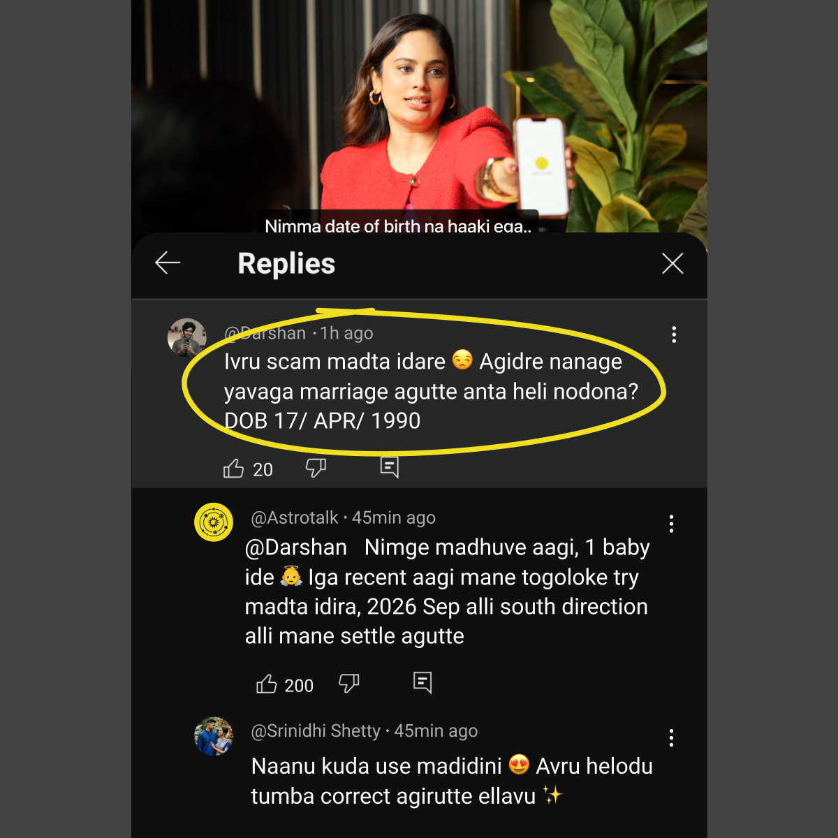 Astrotalk Meta ad in Kannada: a sceptical user challenging the service, answered with a specific prediction