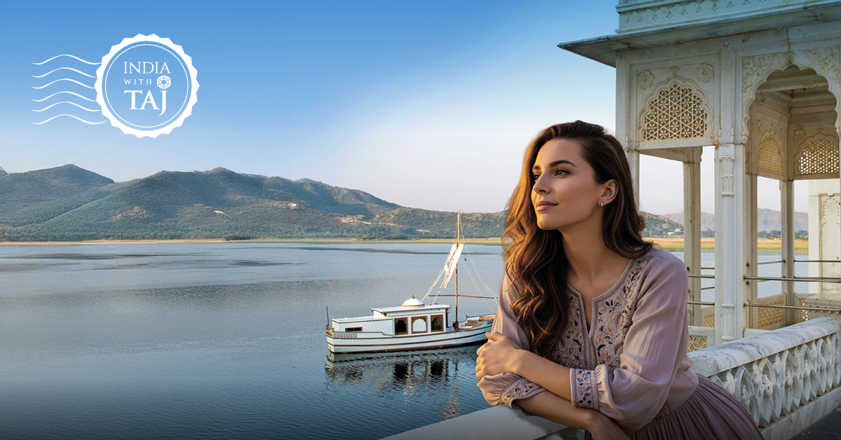 Taj Hotels editorial static ad: a heritage balcony overlooking a calm lake
