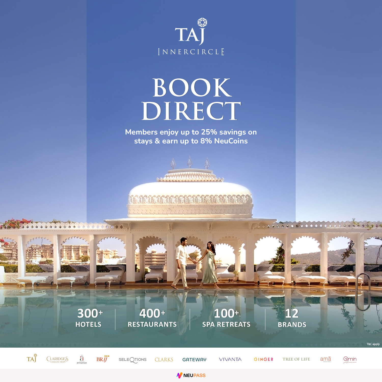 Taj Hotels Meta ad: "Book direct" with savings percentages and Taj InnerCircle loyalty benefits