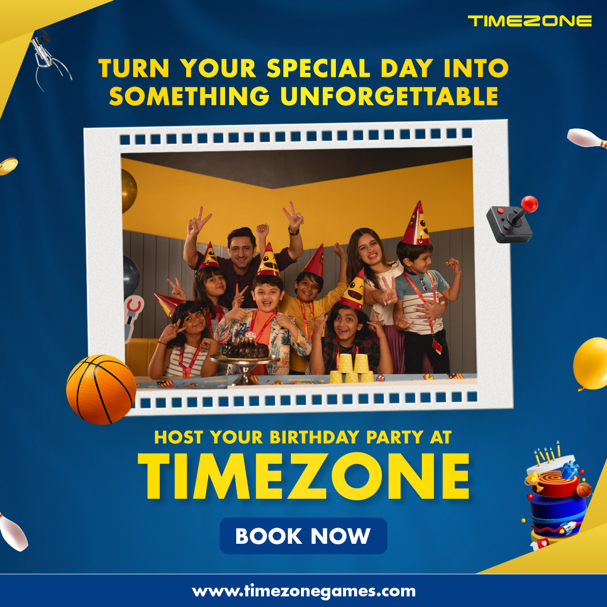 Timezone image ad: a polaroid of a kids' birthday party, "Turn your special day into something unforgettable. Host your birthday party at Timezone"