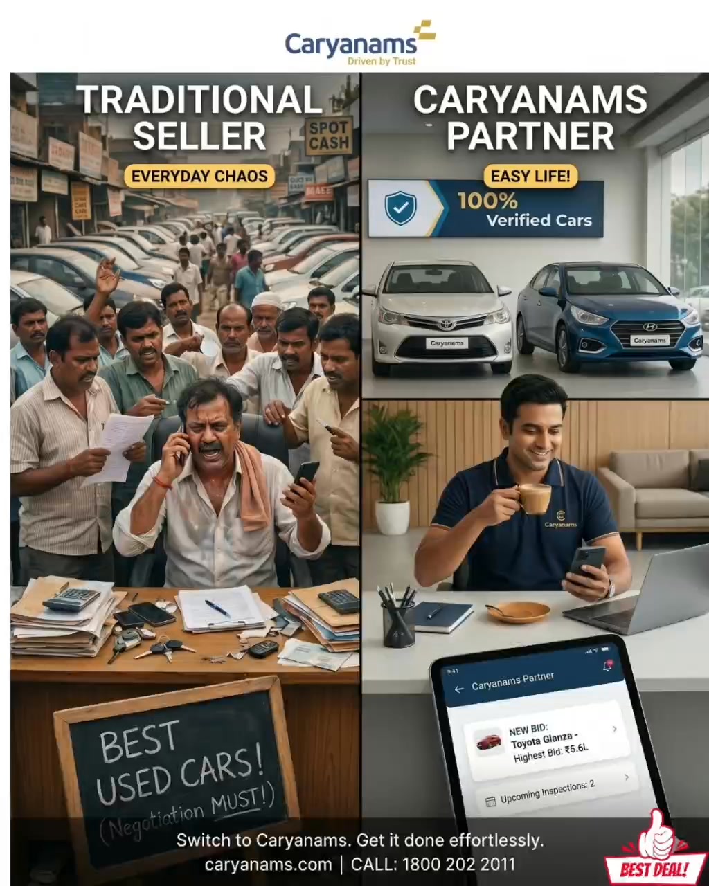 CarYanams Meta ad: everyday chaos versus easy life -- sell your car the smart way on the marketplace