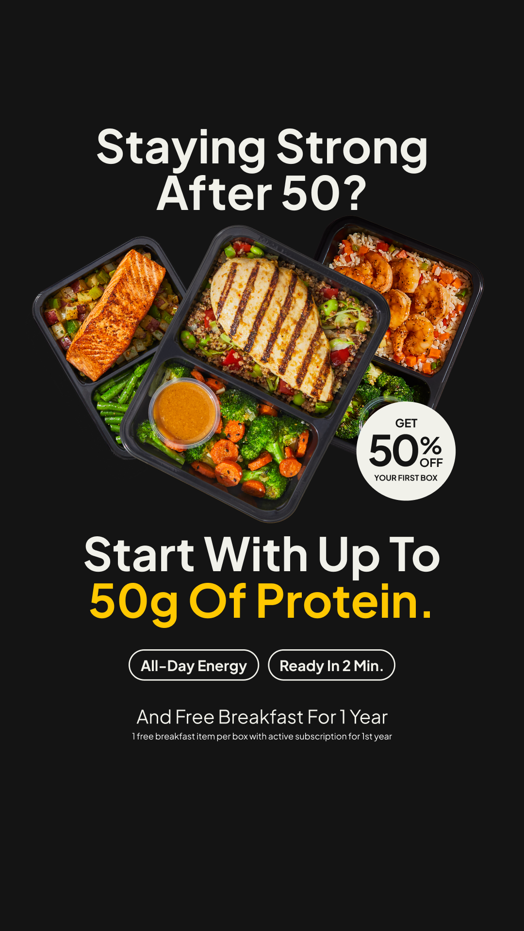 Factor Meta ad: "Staying strong after 50?" with 50% off and a free breakfast