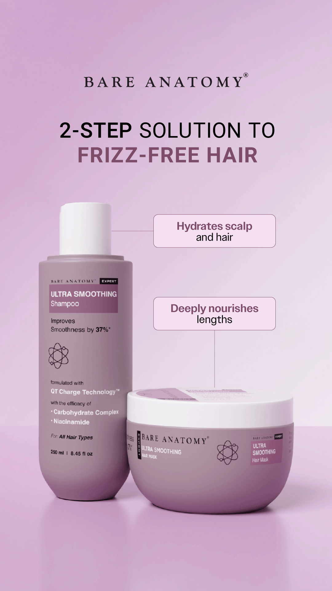 Bare Anatomy Meta ad: 2-step solution to frizz-free hair — a shampoo that hydrates scalp and hair, a mask that deeply nourishes lengths