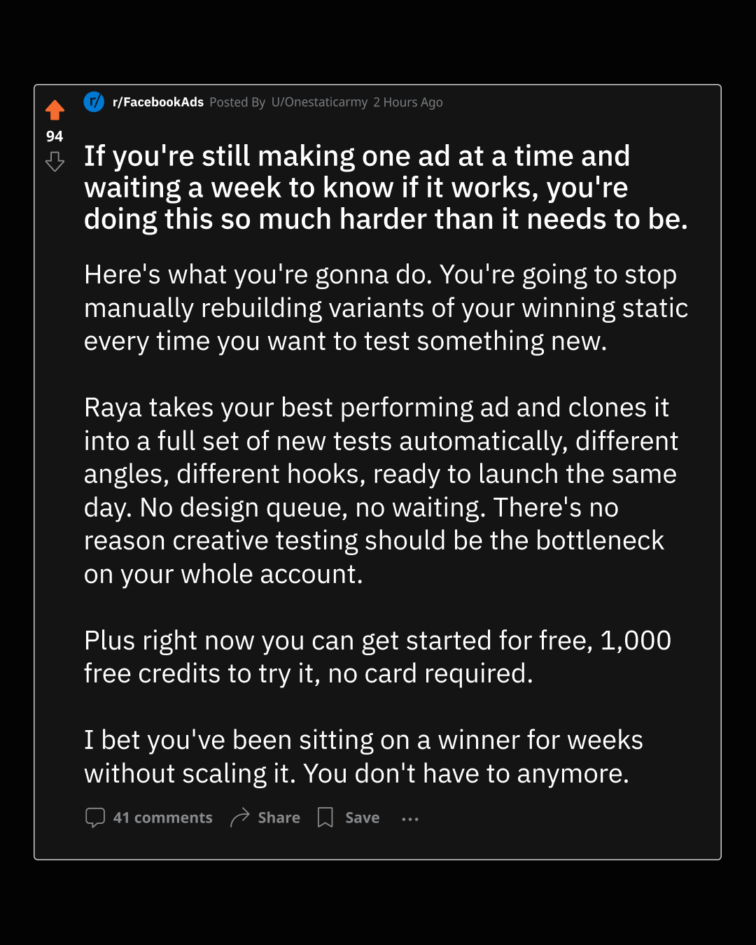 Atria AI Meta ad: "If you're still making one ad at a time and waiting a week to know if it works, you're doing this so much harder than it needs to be"