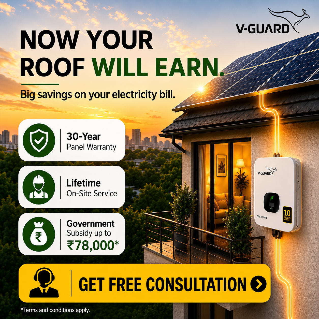 V-Guard Meta ad: now your roof will earn -- solar rooftop system with savings and government subsidy