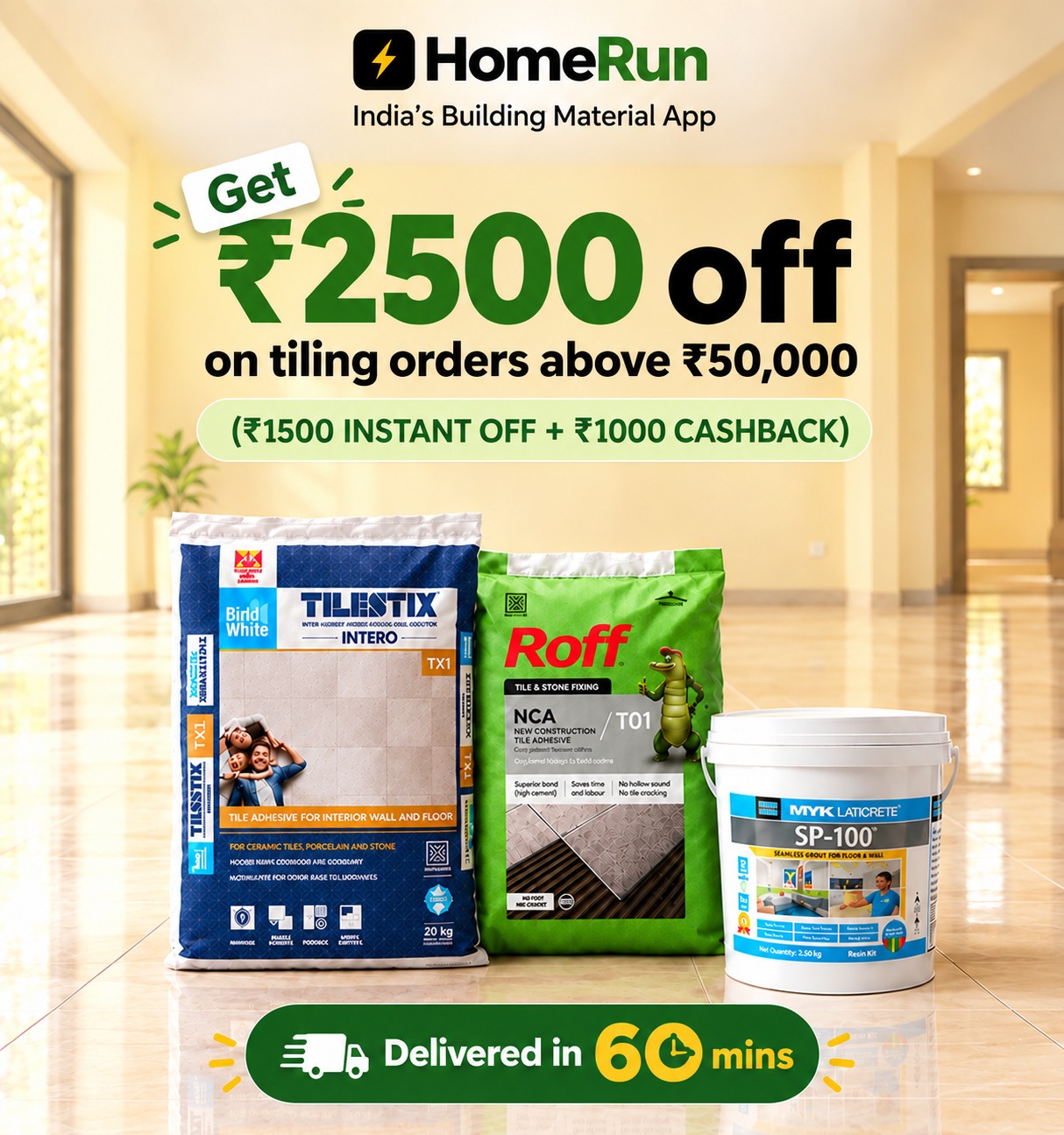 HomeRun Meta ad: "Get INR 2500 off on tiling orders above INR 50,000"
