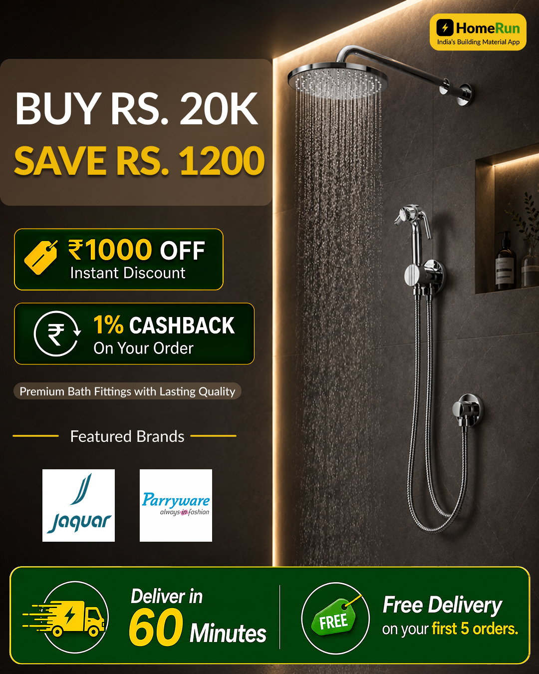 HomeRun Meta ad: "Buy INR 20k, save INR 1200" on tiling orders