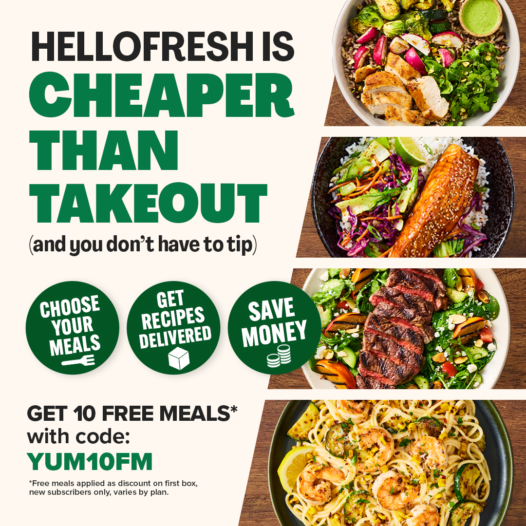 HelloFresh static ad: "HelloFresh is cheaper than takeout (and you don't have to tip)" with feature icons and a 10 free meals banner