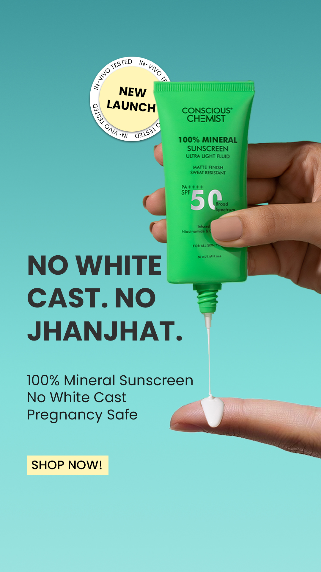 Conscious Chemist Meta ad: "No white cast. No jhanjhat." -- 100% mineral SPF 50