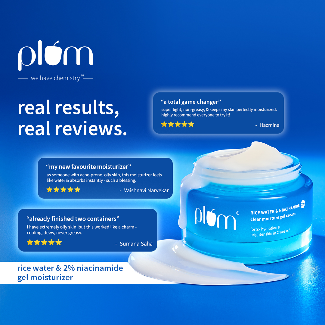 Plum review-card static ad: the gel cream with 5-star customer reviews under "real results, real reviews"