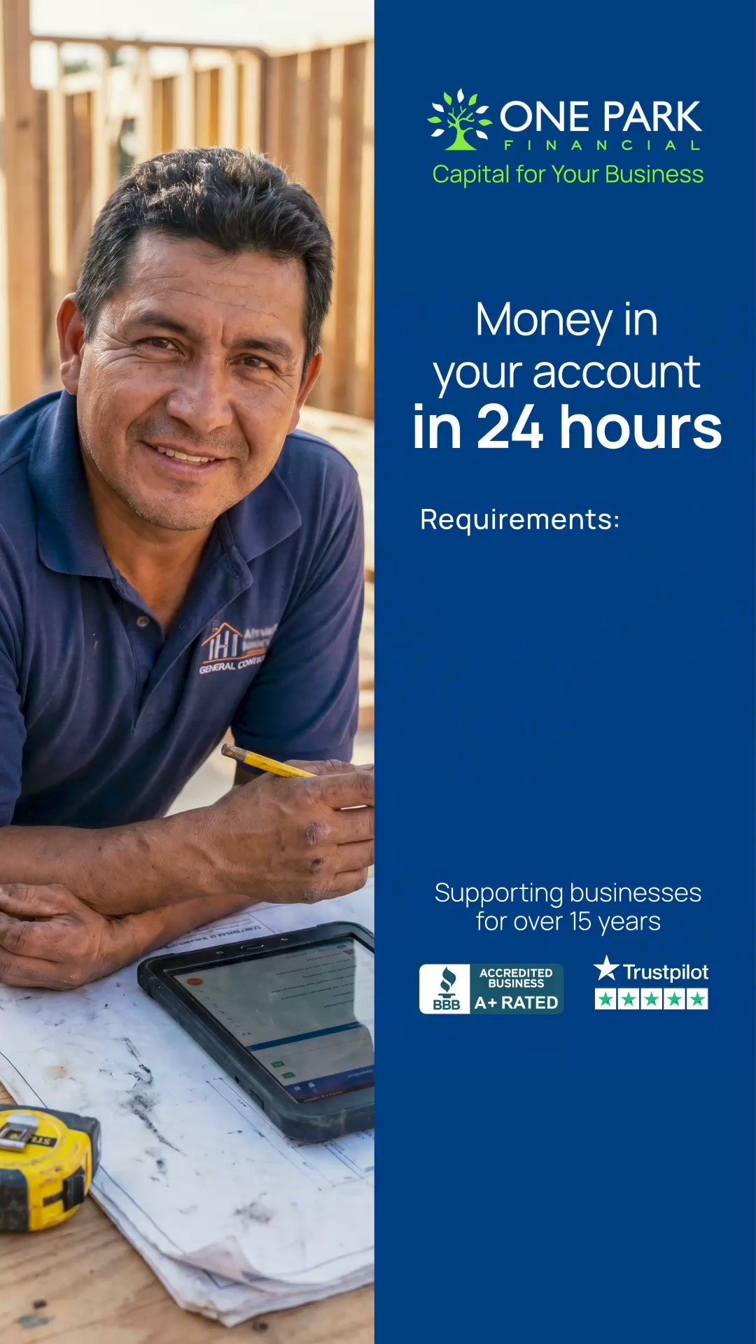 One Park Financial lead ad reading "Money in your account in 24 hours" with a requirements panel