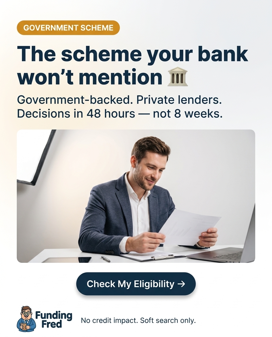 Funding Fred lead ad reading "The scheme your bank won't mention" with a Check My Eligibility button