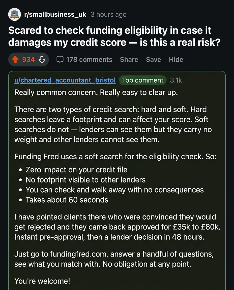 Funding Fred Meta ad: "Scared to check funding eligibility in case it damages my credit score — is this a real risk?"