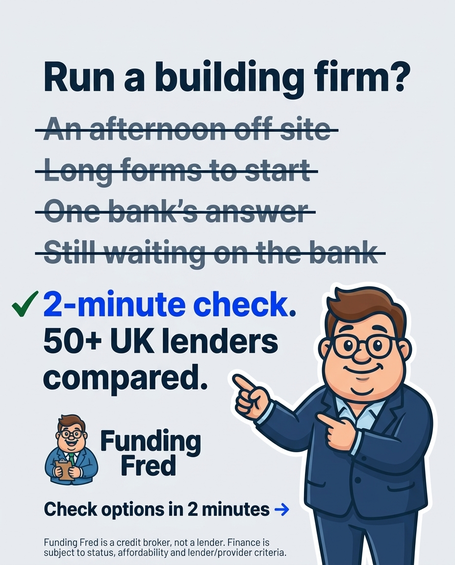 Funding Fred lead ad opening "Run a building firm?" with a struck-through list and a 2-minute check