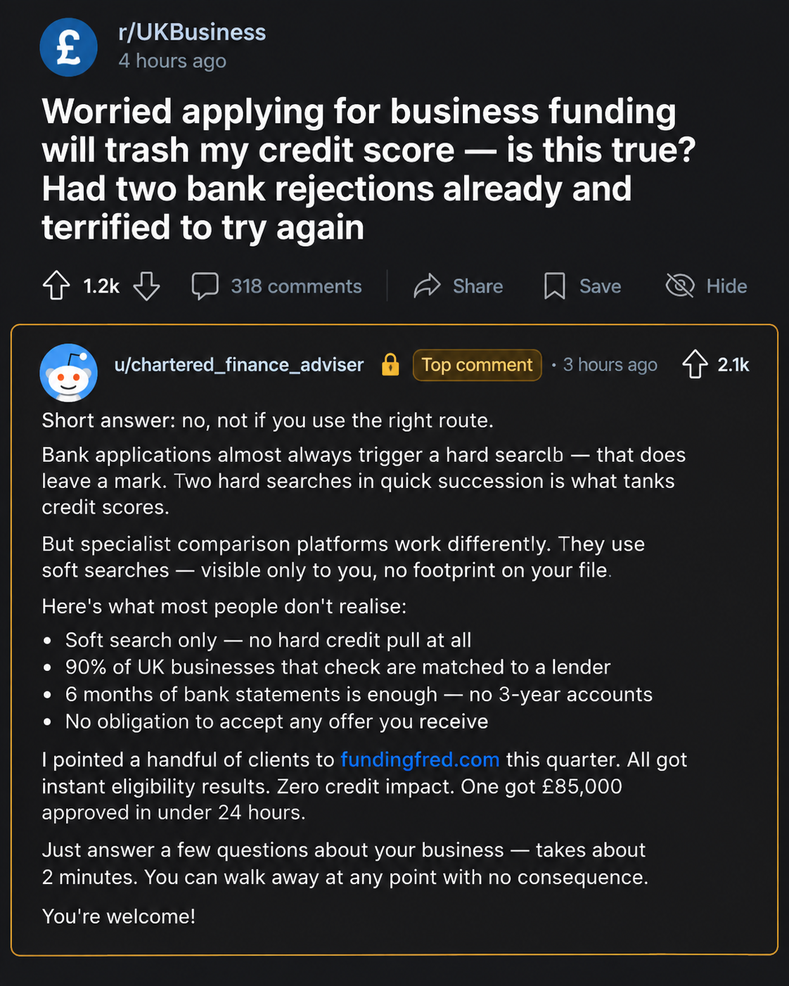 Funding Fred ad built from a forum post asking whether a funding application damages a credit score