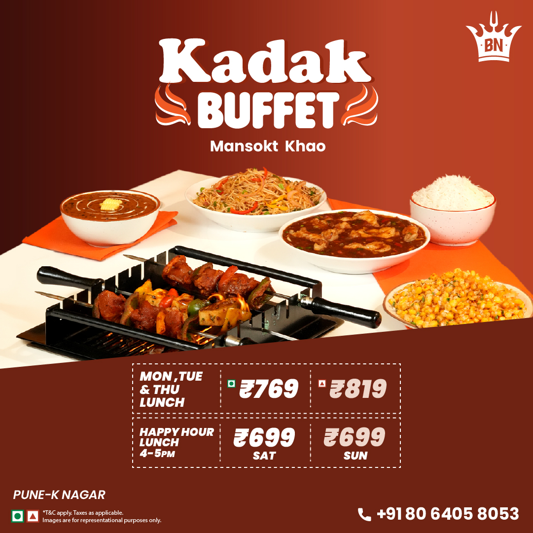 Barbeque Nation Meta ad: "Kadak Buffet, Mansokt Khao" with a buffet spread and a price grid