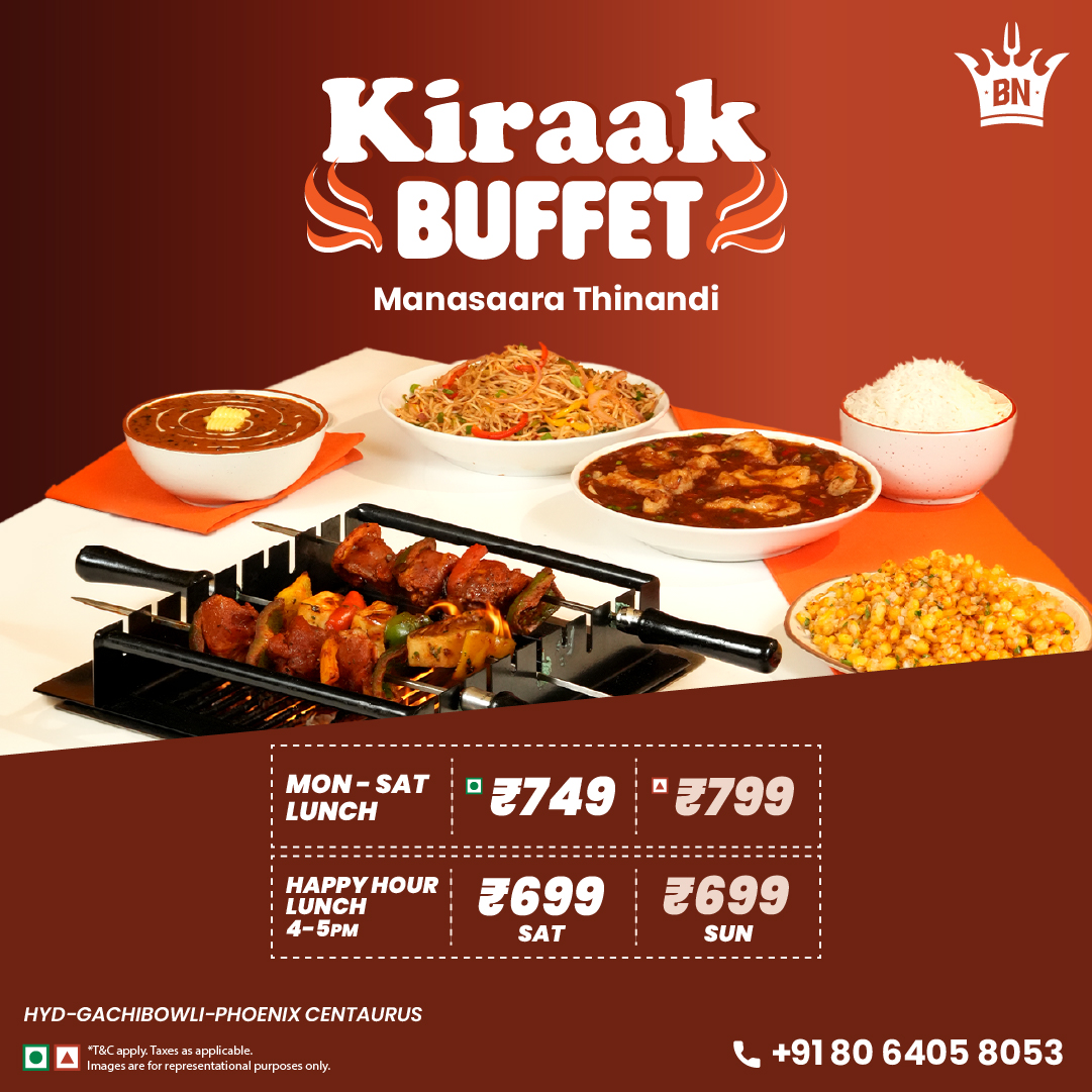 Barbeque Nation Meta ad: "Kiraak Buffet, Maneeara Thinandi" with the same layout for a different city