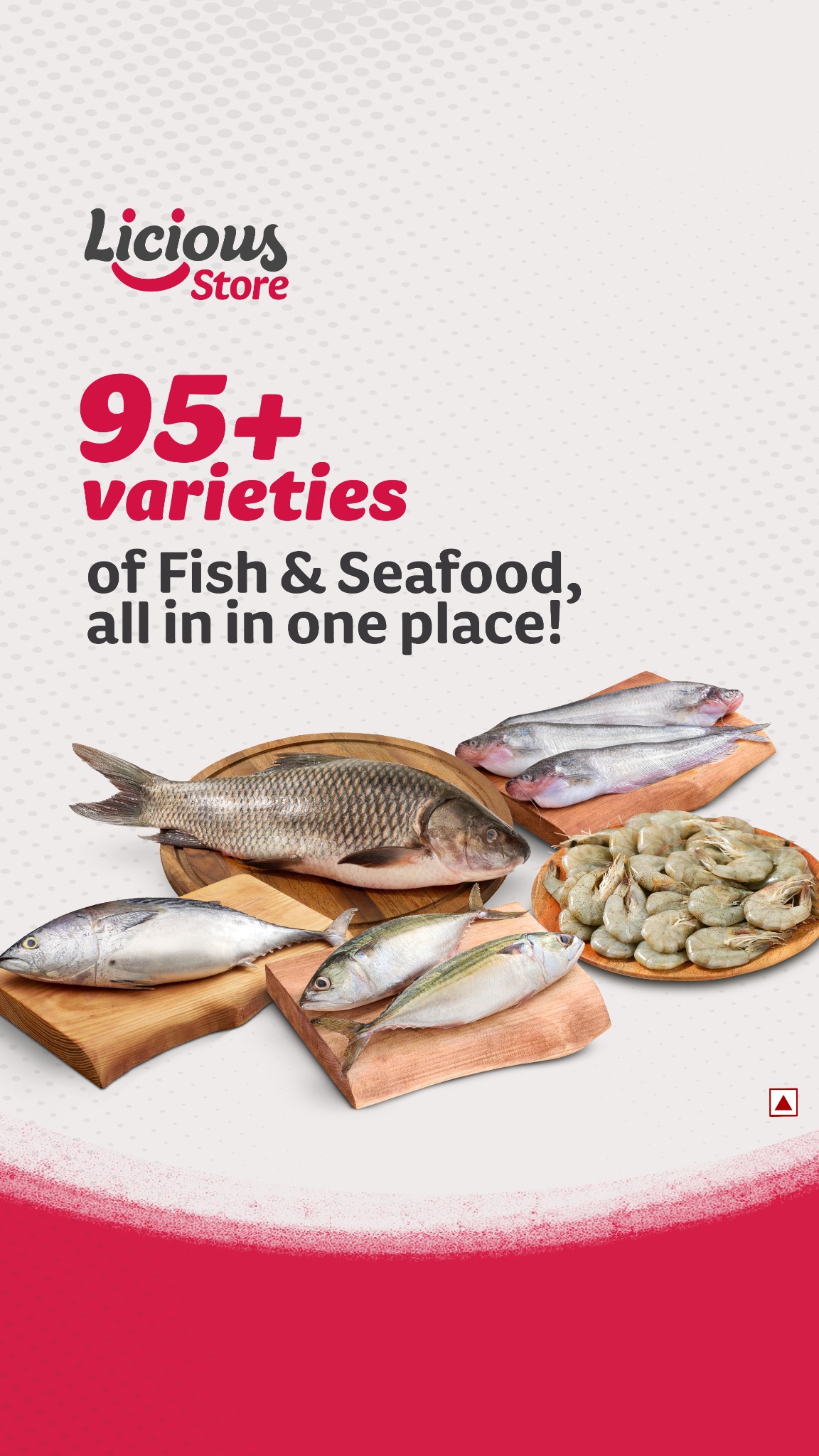 Licious image ad: "95+ varieties of Fish & Seafood, all in one place!"